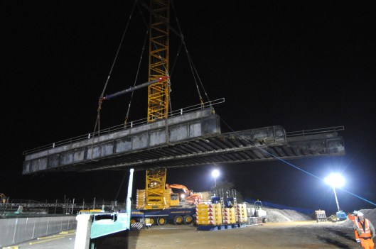In the early hours of the 3rd March 2013, the old 90 tonne railway bridge that spanned the Skegness line is lifted out in one piece.
