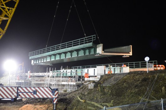 Once the old bridge had been removed & the site cleared & prepared the new bridge was lifted into place. This has been built in two sections (one for the Up line & another for the down line)