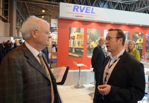 Network Rail Chairman, Professor Richard Parry Jones chatting to Andy Lynch RVELs Managing Director on their stand at Railtex