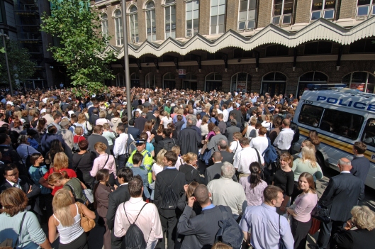 With no tubes & buses running, people made their way home as best they could. Thousands of people waited patiently outside Fenchurch St station. There was no fuss or panic, despite the obvious concern that such a crowd of people made an easy target.