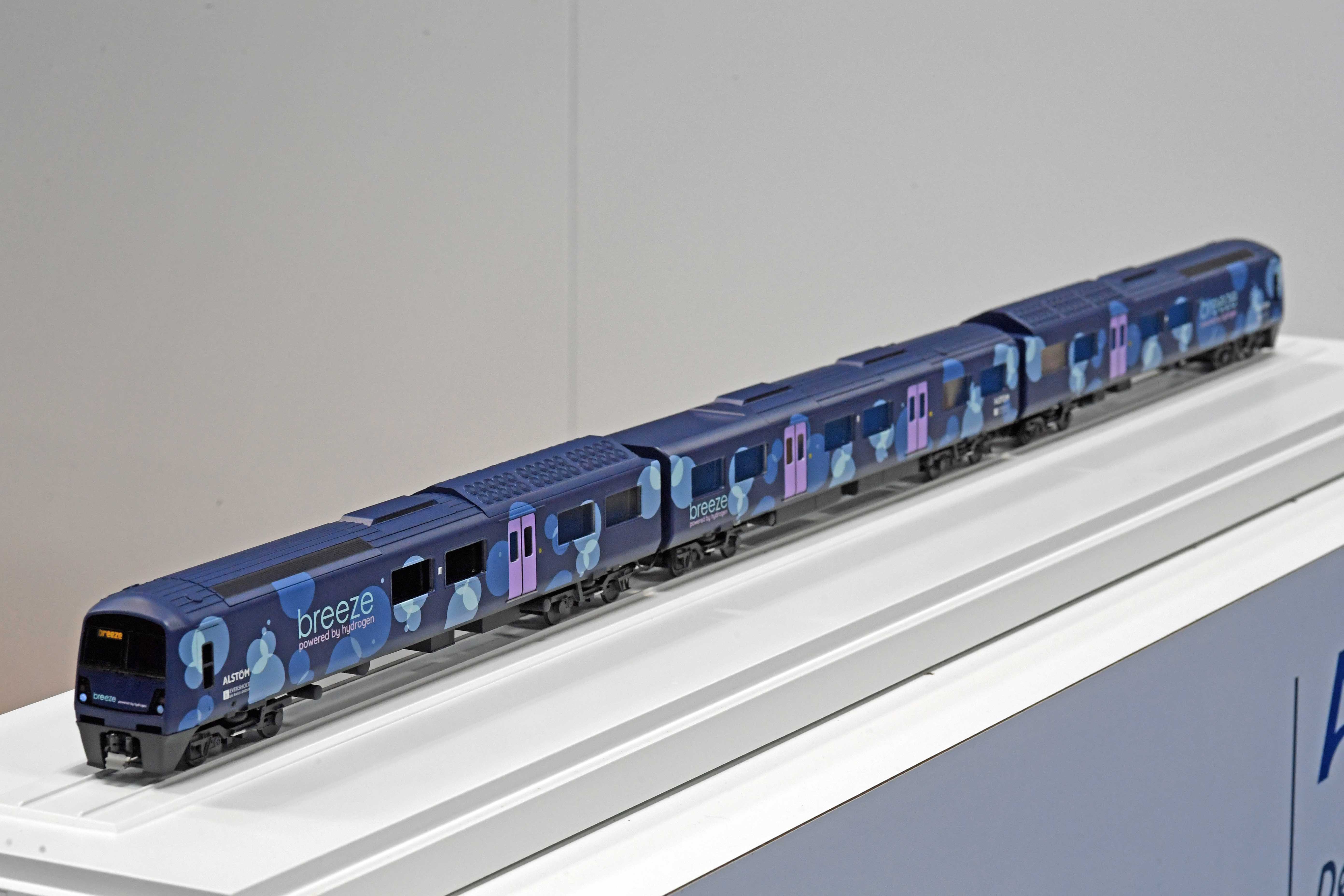 DG323576. Alstom Class 321 Hydrogen powered train model. Railtex. Birmingham. 16.5.19.crop