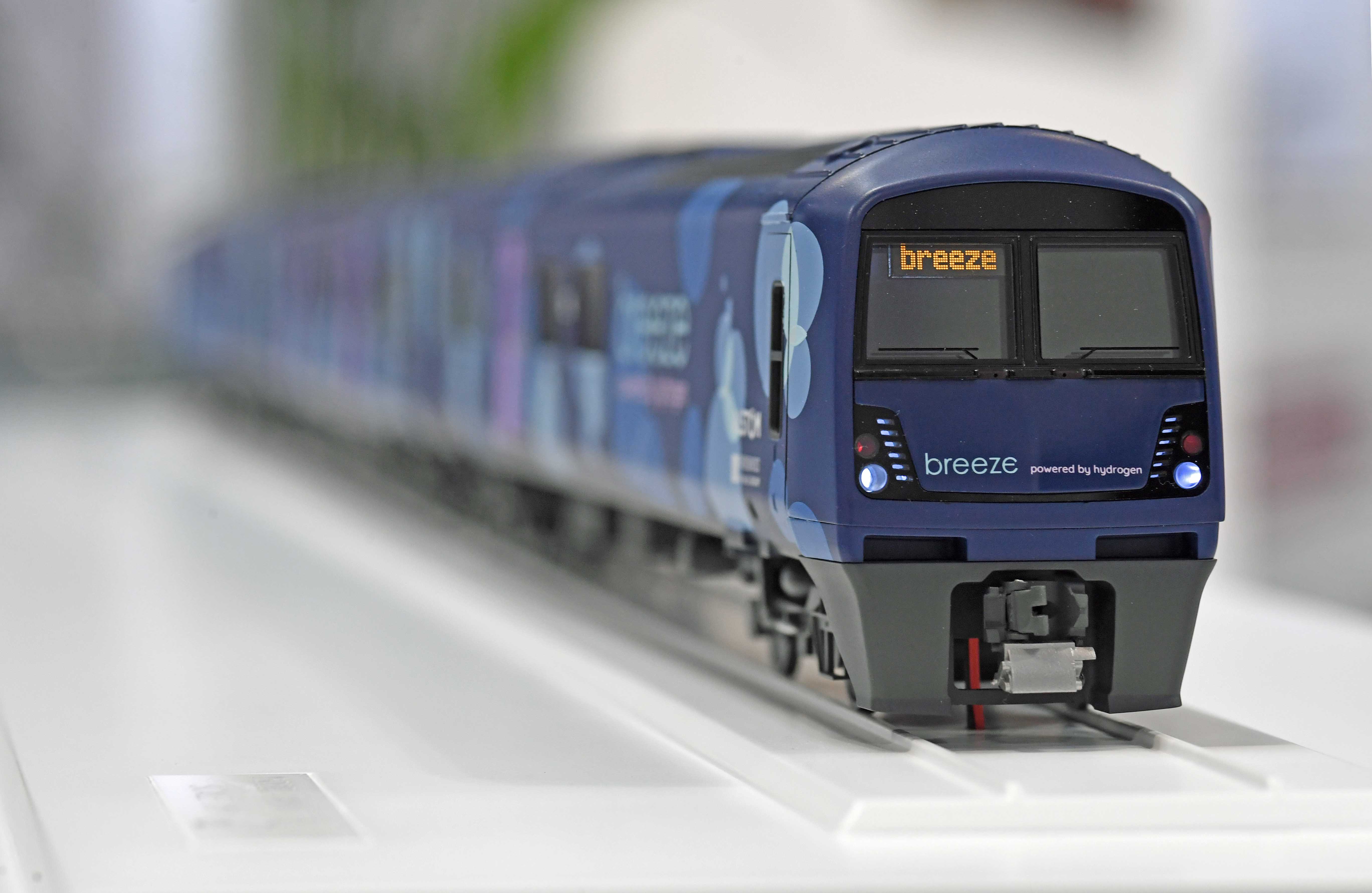 DG323588. Alstom Class 321 Hydrogen powered train model. Railtex. Birmingham. 16.5.19.crop