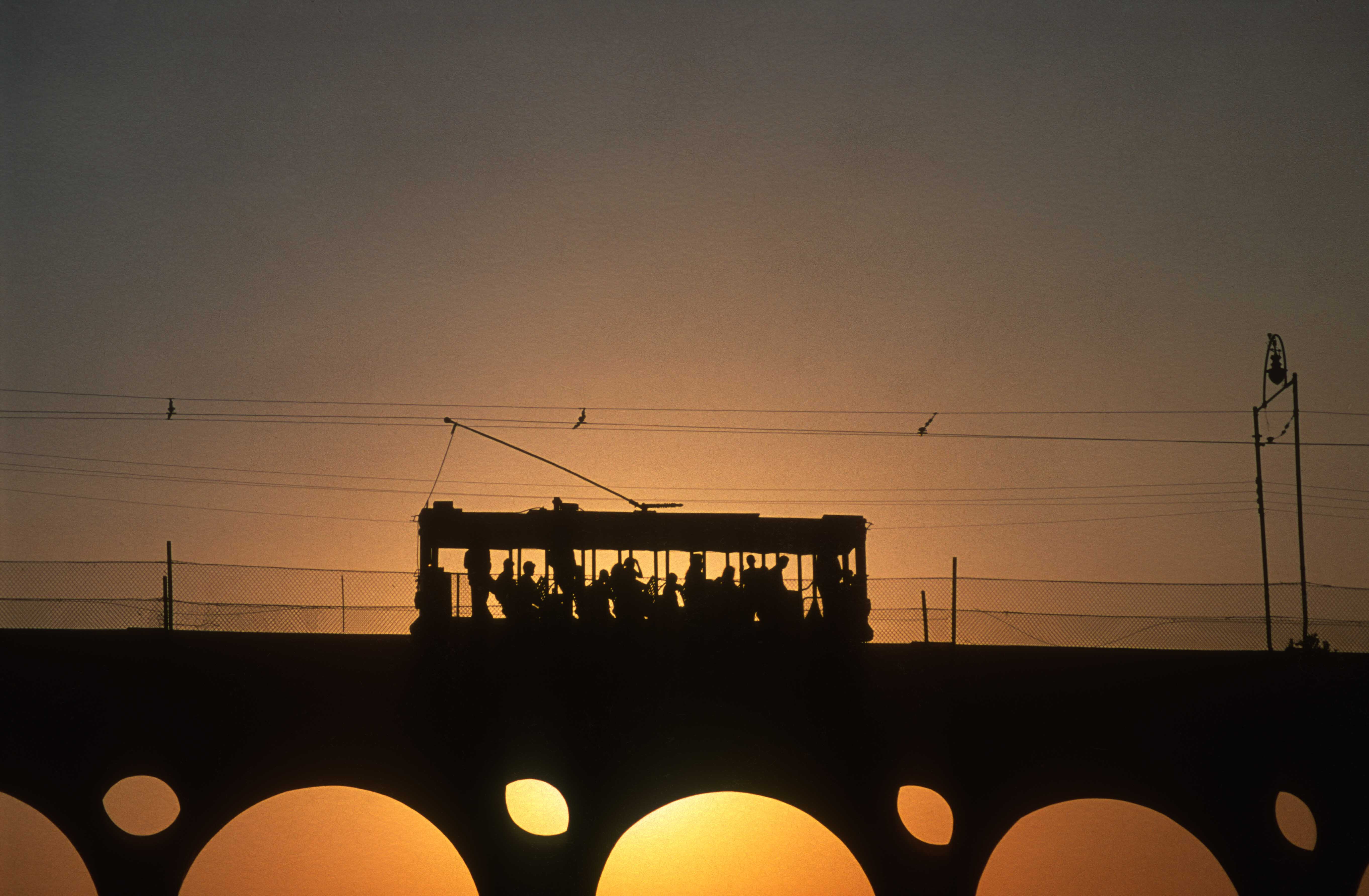 T13535. Tram on the Arco de Treles at sunset. Centro. Rio de Janeiro. Brazil. 7.8.2002crop